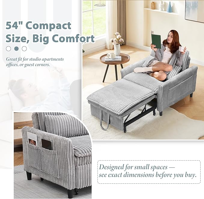 3-in-1 Convertible Corduroy Sleeper Chair – Plush Pull-Out Sofa Bed with Adjustable Backrest Compact Recliner Lounge Chair with 360° Rotating Side Table Perfect for Small Spaces Gray