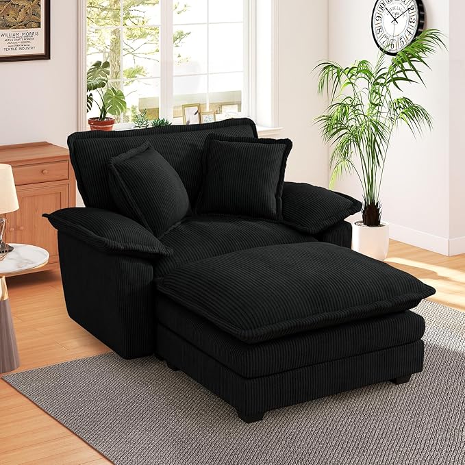48 W Oversized Chaise Lounge Chair Indoor with Ottoman Upholstered Cloud Accent Chair with Extra Wide Armrests Comfy Green Corduroy Sleeper Chair for Living Room Bedroom Reading (Black)