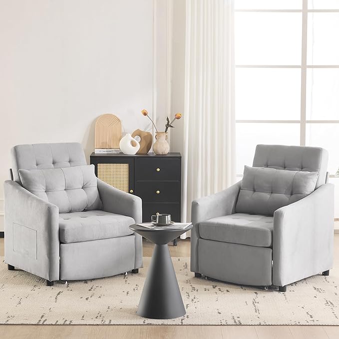 Bezseller Convertible Sofa Bed Chair 3-in-1 Sleeper Chair with Storage Drawer Pull Out Couch with Side Pocket Pillow and Adjustable Backrest for Small Spaces Living Room Light Grey