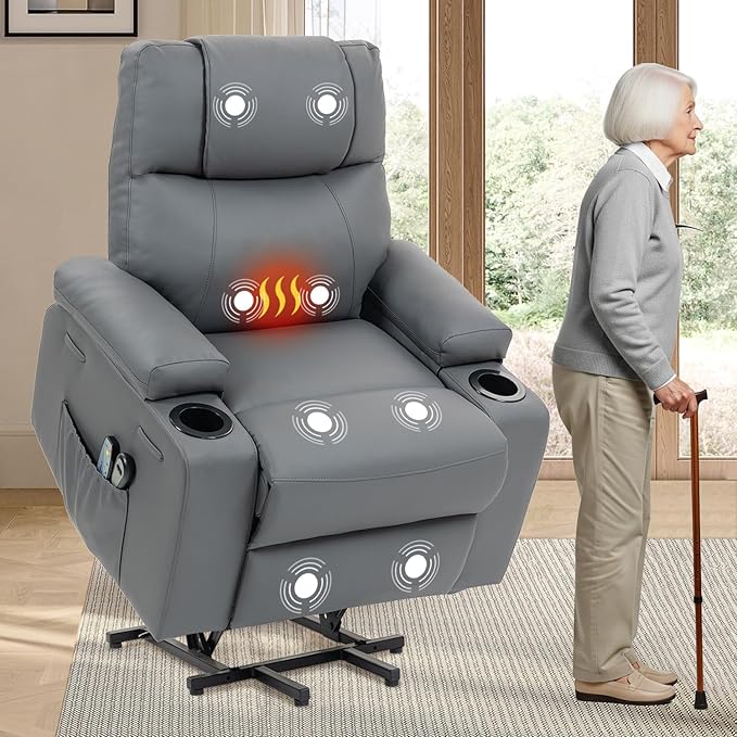 Power Lift Recliner Sofa Chair Electric Stand Assit for Elderly People Leather Reclining Chair with Cup Holders Massage &amp Heat Functions Living Room or Bedroom Furniture for Resting Gray