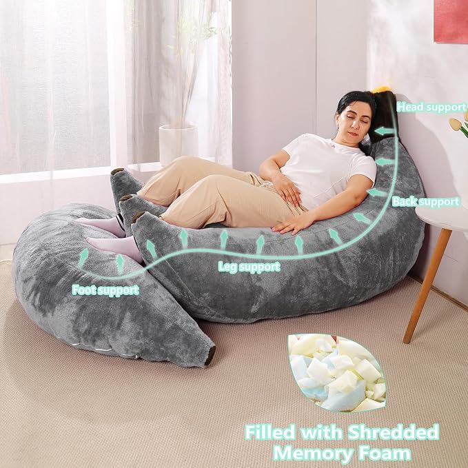 Banana Bean Bag Chair with Ottoman Floor Sofa Bed with Footrest Comfy Convertible Lounger for Adults Plush Couch for Bedroom Living Room or Dorm L-Grey