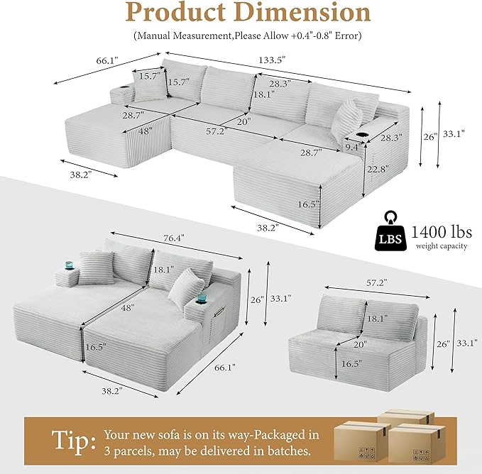133 Sectional Couches for Living Room Cloud Couch Sofa with L-Shape Upholstered Boneless Couchs Modern Modular Sectional Couch with Chaise (Light Grey 133 W+U Facing Chaise)