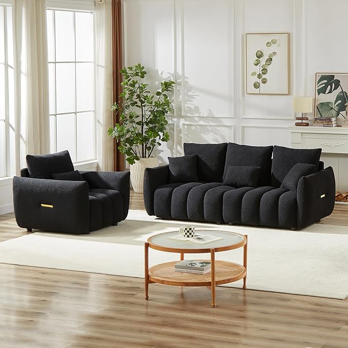 Modern Cloud Sofa Couch Set 2 Pieces Teddy Bouclé Couch and Loveseat Sets Tufted Upholstered Deep Seat Fluffy Comfy Couch Furniture Sets for Living Room Bedroom(Armchair+3 Seater Sofa Black)