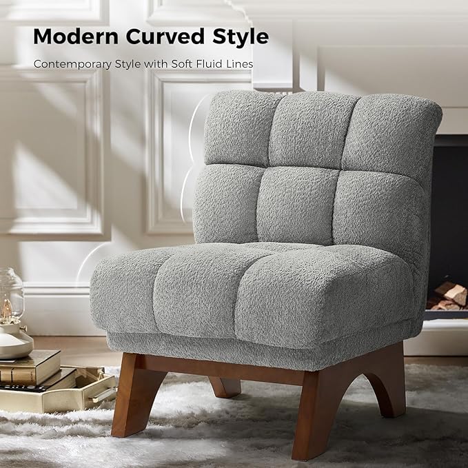 HULALA HOME Modern Chenille Fabric Armchair with Wood Legs Comfy Upholstered Reading Accent Chairs for Living Room(Grey)