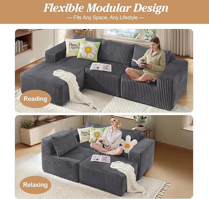 101 Cloud Sectional Couch Memory Foam Comfy Modular Sectional Sofa with Ottoman Corduroy Boneless Couches with Deep Seat L-Shaped Sofa for Living Room No Assembly Required (Dark Gray) | Deep Seat