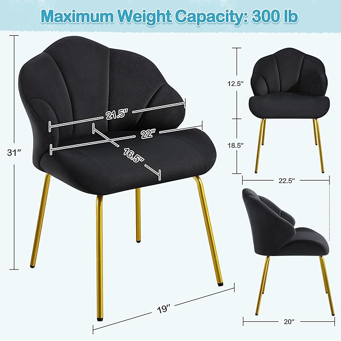 Yaheetech Vanity Chair Velvet Accent Chair with Shell-Shaped Backrest Modern Armchair with Gold Metal Legs for Dressing Room/Bedroom/Living Room Black