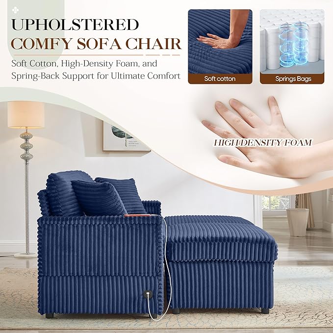 Modern Corduroy Cloud Chaise Lounge Chair with Ottoman Storage USB Ports &amp Wooden Side Table – 34.5 Comfortable Reading Chair for Living Room Bedroom &amp Home Office Reading Room Blue