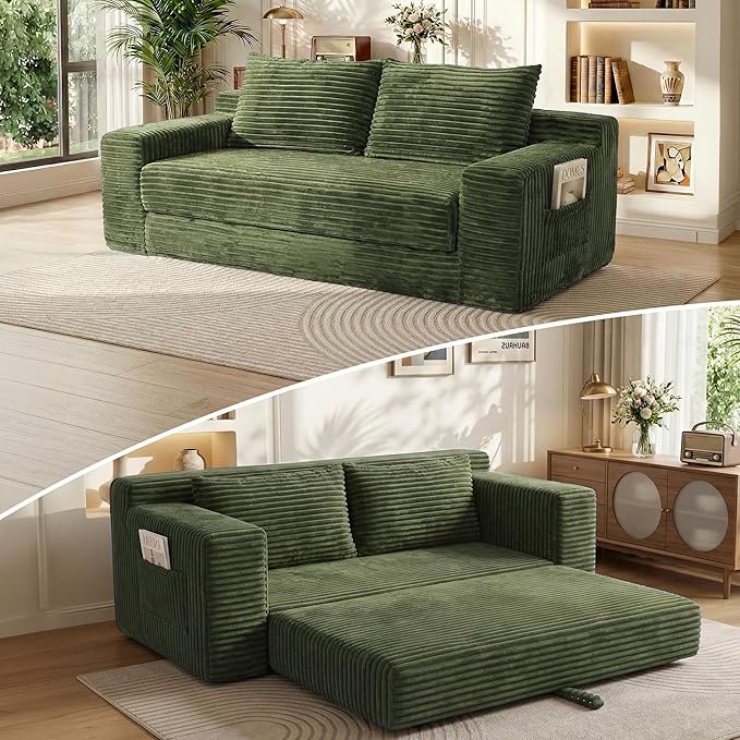 73 Convertible Sofa Bed 2 in 1 Folding Couch Bed Boneless Couch in a Box Cloud Loveseat Sleeper Fold Out Comfy Floor Futon Sofa with 2 Pillows for Living Room Bedroom No Assembly (Green 73)