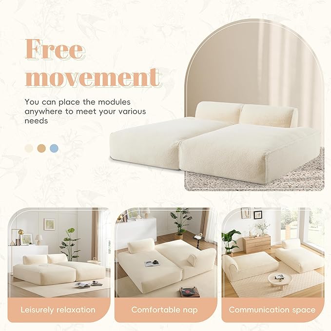 Merax Modern Oversized Upholstered Floor Chaise Lounge Modular Single Sofa Couch Sleeper Bed with Foam-Filled No Assembly Required Biege