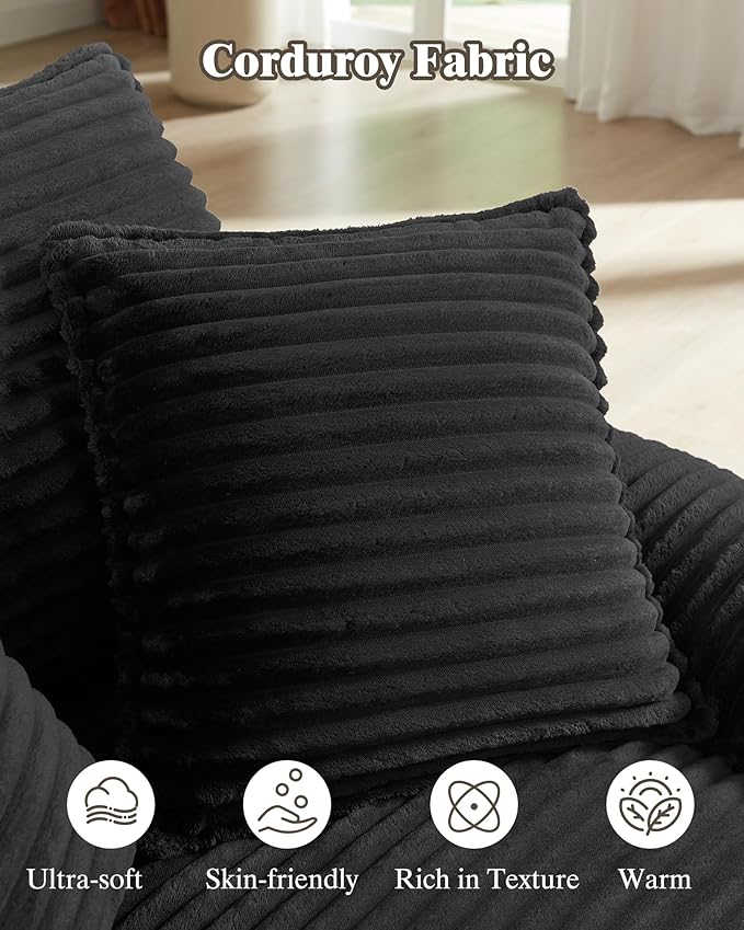 Oversized Chaise Lounge Chair Indoor Upholstered Corduroy Couch with 3 PillowsComfy Fluffy Cloud CouchSingle Sleeper Sofa Chair for Livingroom (Black+Ottoman 52W X 70.87D)