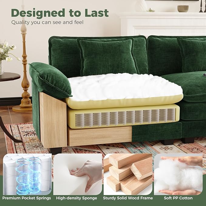 HUSFU 120 Cloud Couch Modular Sectional Sofa with Ottoman 3-Seat Modern Chenille Upholstered U-Shaped Deep Seat Sofa Couch for Living Room Bedroom and Apartment Green