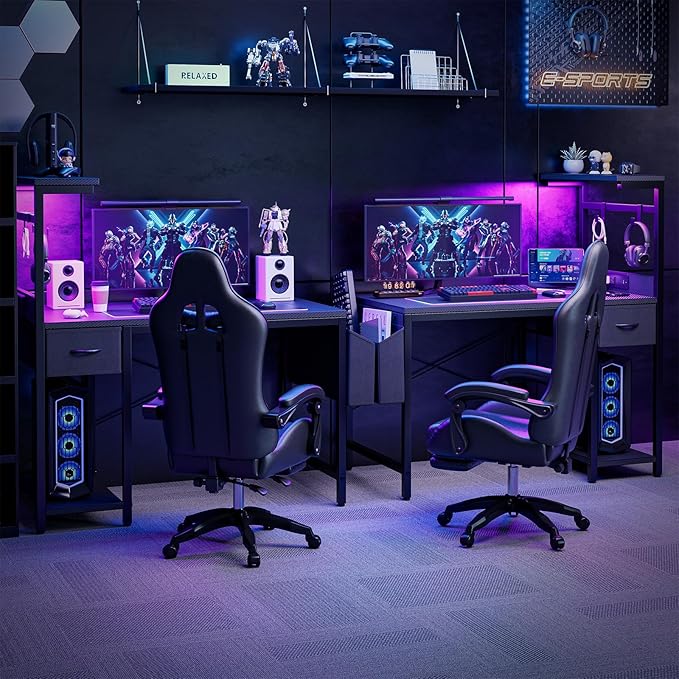 Grandder Gaming Desk 40 Inch with Power Outlet and LED Light Computer Desk with Reversible Shelves and Storage Drawer Pc Small Desk for Home Office Table with Bag Carbon Fiber Black