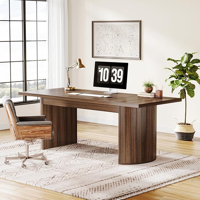 Tribesigns 78.74 Executive Desk Large Farmhouse Computer Office Desk with Double Pedestal Wooden Study Writing Table Workstation Conference Table for Home Office Walnut (Brown)
