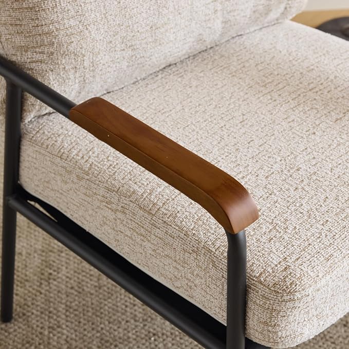 Karl home Accent Chair Modern Armchair with Metal Frame Linen Fabric Upholstory Living Room Chair Mid-Century Reading Chair with Wooden Arms for Living Room Bedroom Reading Room Apartment Beige