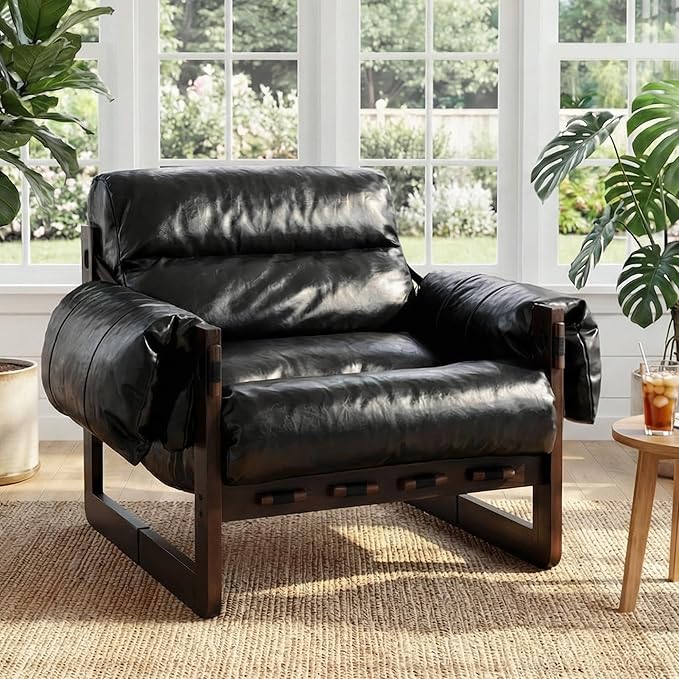 Modern Leather Accent Chair Mid Century Reading Chair with Solid Wood Frame and Removable Padded Armrests Upholstered Armchair with Soft Cushion for Bedroom Balcony Lounge Reading Room Retro Black