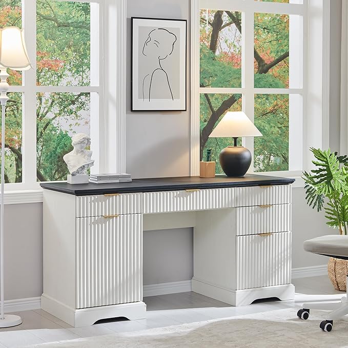 JXQTLINGMU Modern Executive Desk with Storage Wood Home Office Desk with 5 Drawers &amp 1 Cabinet Fluted Computer Writing Desk for Study Living Room Bedroom