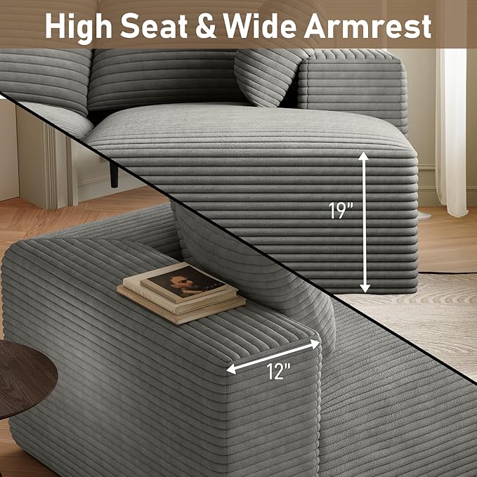 107 Sectional Couches for Living Room Comfy L Shaped Boneless Couches Modern Deep Seat Modular Sofa Cloud Corduroy Couch with Right Facing Chaise No Assembly Needed Light Grey