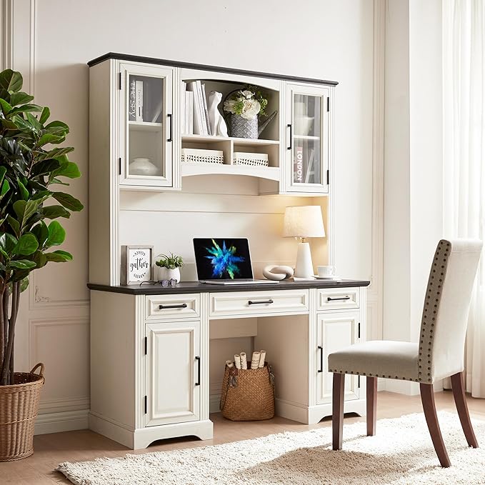 JXQTLINGMU Farmhouse 76 Height Computer Desk with Hutch Office Desk with Charging Station Drawers and Storage Cabinet Workstation for Office Home Off White