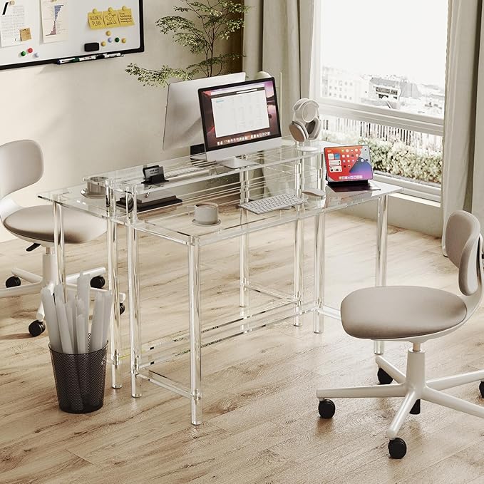 Eglaf Acrylic Desk - 47.2 L x 19.7'' W x 34.5 H - Modern Home Office Desk with Monitor Stand - Clear Desk Computer Desk Writing Table for Office Living Room Bedroom