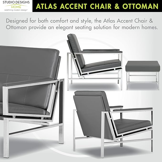 Atlas Bonded Leather Accent Chair with Ottoman Set Mid-Century Modern Lounge Chair &amp Footrest with Chrome Legs for Living Room or Office Guest Seating Chrome/Smoke