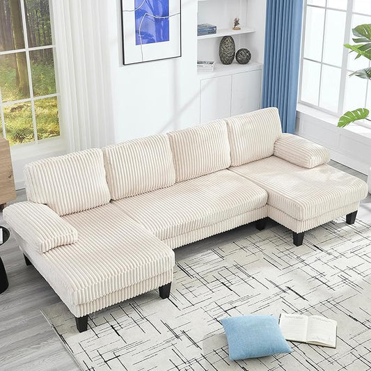 Sectional Couches for Living Room 114 Cloud Couch Modular Sofa Convertible U Shaped Couchs with Double Chaise 4-Seat Deep Seats Corduroy Sleeper Sofas for Home Furniture Beige