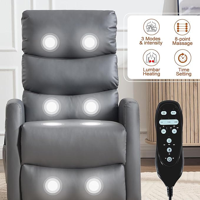 Luxlen Manual Swivel Rocker Recliner Chair with Massage Overstuffed Recliner Glider with Vibration Massage and Heat for Nursery Living Room Reclining Sofa Chair PU Leather Gray