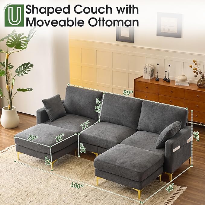 VINGLI 100 W U Shaped Couch with Ottoman 22 Deep Seat Comfortable Sectional Couches for Living Room 3 Seater Chenille Fabric Cloud Sofa for Apartment Small Spaces Bedroom Grey