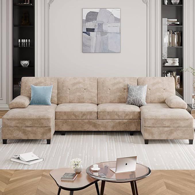 Meilocar Sectional Couches for Living Room 4 Seat Sofa Set U Shaped Couch with Double Chaise Lounges Large Couch for Apartment (Light Beige)