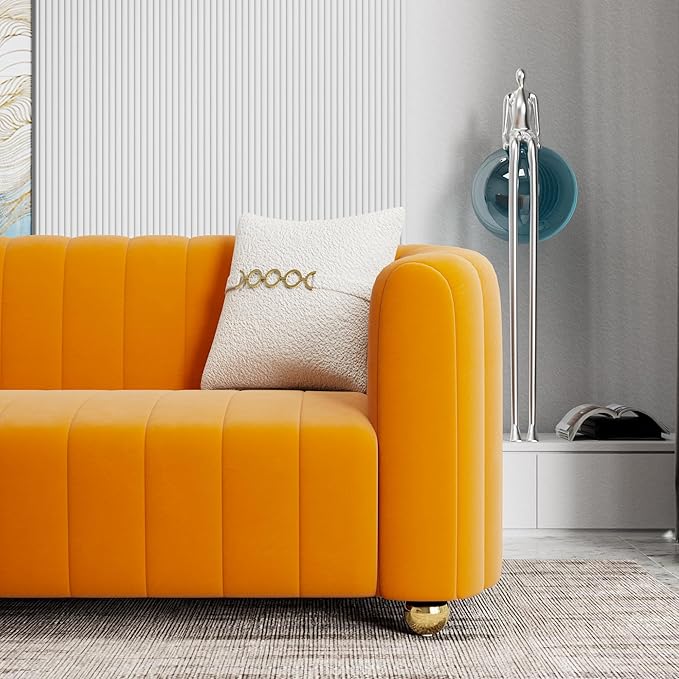 Modern Orange Velvet Couch for Living Room 83.46 Curved Sofa with Gold Metal Sphere Legs 3 Seater Upholstered Cute Couch (Velvet Orange)
