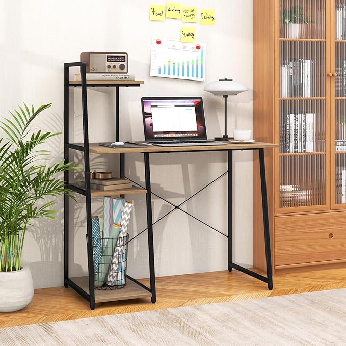 Giantex Computer Desk with Shelves 47.5” Home Office Desk with Bookshelf Host Stand Metal Frame PC Laptop Workstation Modern Study Writing Desk for Bedroom Small Space (Natural &amp Black)