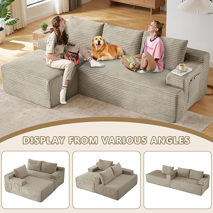 96 Modular Sectional Sofa Modern Corduroy L Shaped Cloud Couch with Side Pockets Boneless Upholstered Couches with Deep Seat for Living Room No Assembly Required (Camel Left Facing Chaise)