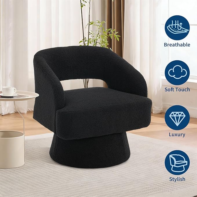 Comfy Swivel Barrel Chair for Living Room - Modern Upholstered Accent Chair with Teddy Fleece Hollowed Back &amp 360° Swivel Base Small Round Chair for Bedroom Reading Nook Office Black