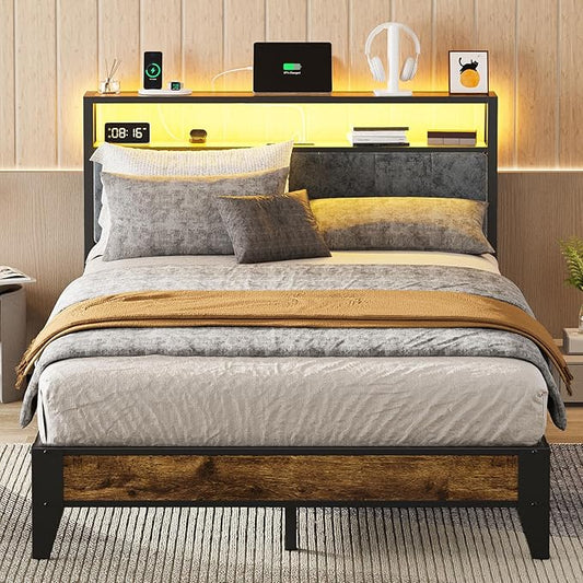 OLEVS Full Bed Frame with Headboard Metal Platform Bed Full Size with 2-Tier Storage LED Light &amp Charging Station Type C No Box Spring Needed