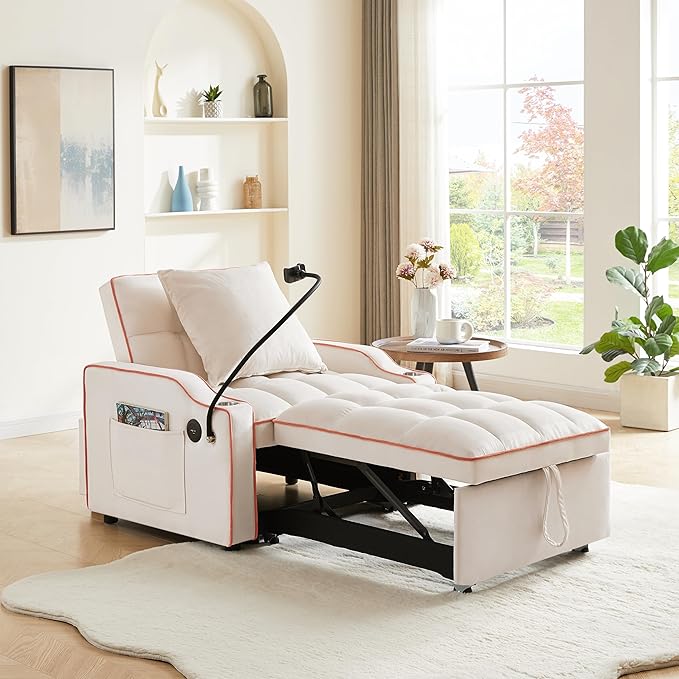 Convertible sleeper sofa chair bed 3 in 1 Tufted Velvet Pull Out Sleeper Chair with Adjustable Backrest &amp Phone Holder Modern Single Sofa Chair for Living Room Small Spaces Apartment Beige