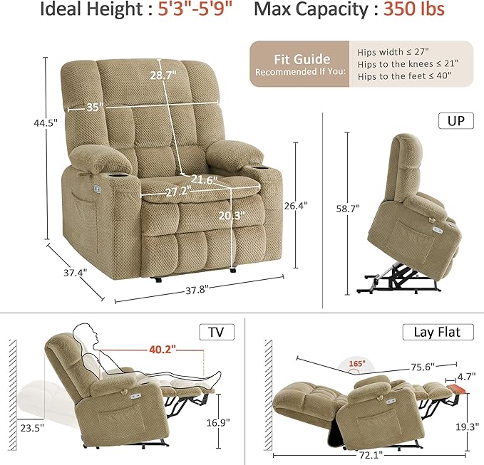 MCombo Dual Motor Power Lift Recliner Chair for Elderly Lay Flat Lift Chair with Heat and Massage Extra Wide Lift Recliner for Big People Cup Holders Fabric R7897 (Medium-Wide Beige)