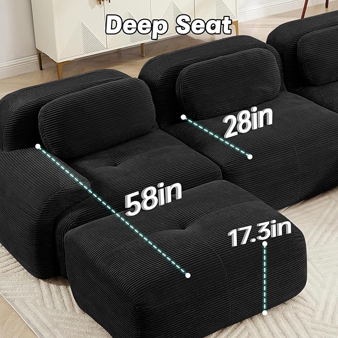 117 Boneless Couch Comfy Sleeper Sofa Bed for Living Room Compressed Sofa with Deep Seat Corduroy Cloud Couch with Ottoman No Assembly Needed