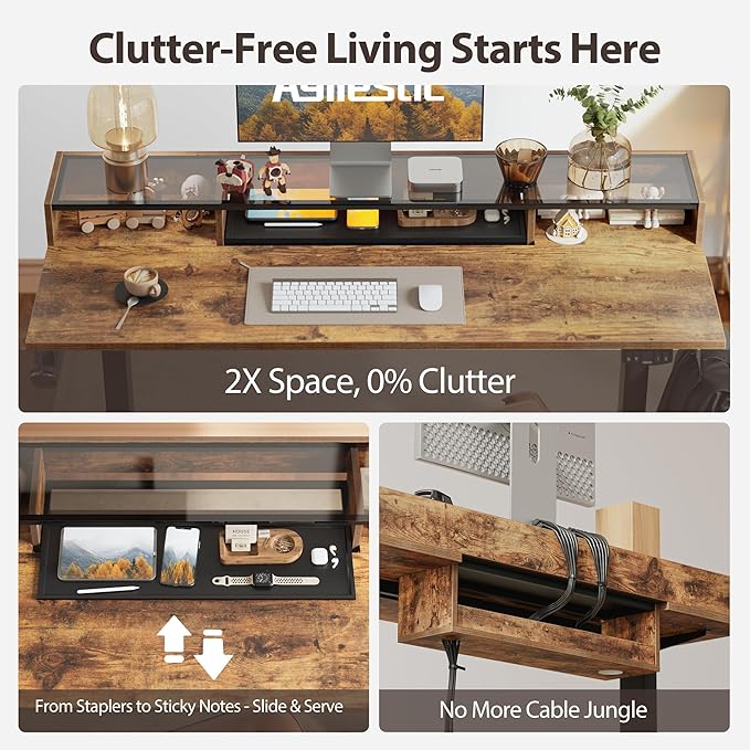 Agilestic Glass Standing Desk with Storage 48 Inch Electric Adjustable Desk with Glass Shelf and Cable Management Sit Stand Up Home Office Computer Table Splice Board Rustic Brown