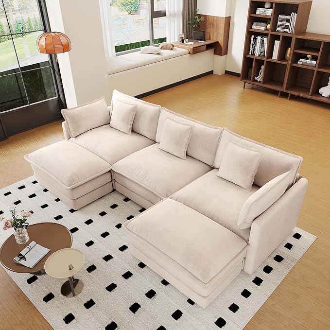 111.5 Chenille Modular Sectional Sofa Comfy Cloud Couch Sectional Sofa Modern 3 Seat Couch Deep Seat Sofa for Living Room Bedroom Apartment (Light Coffee 111.5Inch-U Shape)