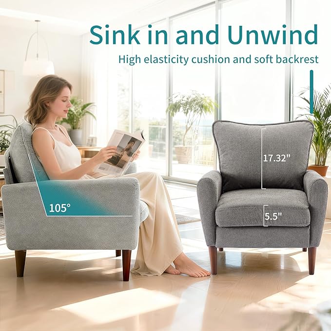 OLIXIS Comfy Accent Chair for Living Room Bedroom and Waiting Room Upholstered Mid-Century Reading Chair with Pillow and Solid Wood Legs Wide Singe Modern Lounge Sofa (Gray 2 Pack)