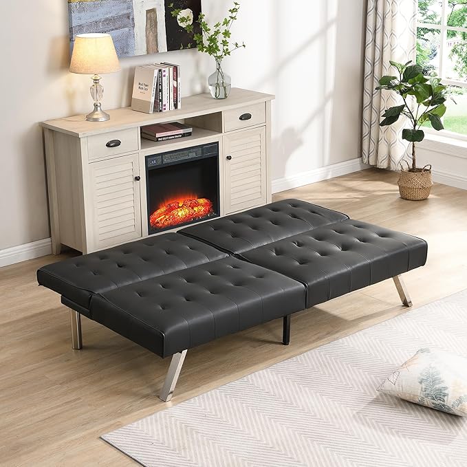 Modern Convertible Futon Sofa Bed Adjustable Loveseat Futon Couch with Metal Legs Upholstered Sofa Bed with Wood Frame Sleeper Couches for Small Compact RV Living RoomOffice (Black-Leather)
