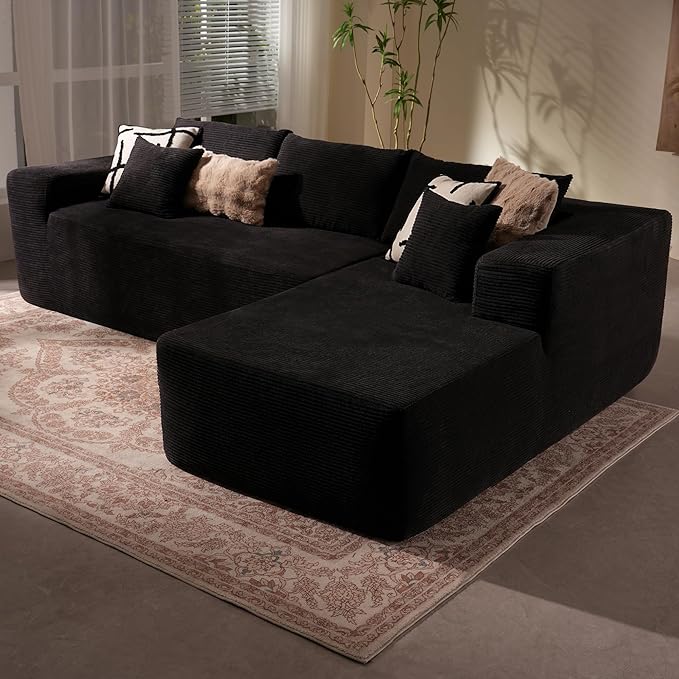 106 Cloud Sectional Couch with Chaise LoungeL Shaped Modular Modern SofaComfy Corduroy Fluffy Sofa with Deep SeatNo Assembly Required Couch for Living Room(RightStripe CorduroyBlack)