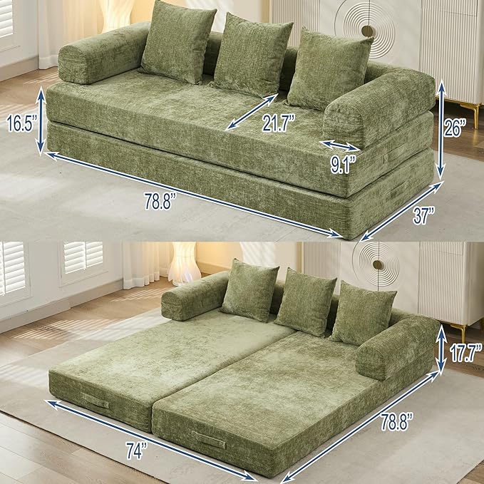 Convertible Folding Sofa Bed Modular Floor Couch 78.8‘’ Cloud Sleeper Sofa with Removable Backrest Chenille Foldable Mattress Couch Lazy Loveseat for Small Space Apartment Bedroom Green