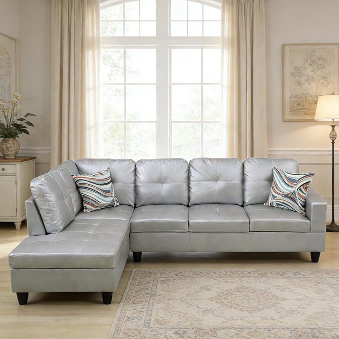 103.5 Inch Modern L-Shaped Couch PU Leather Sectional Sofa with Chaise Lounge 4-Seater Couch with Accent Pillows for Living Room Apartment Silver