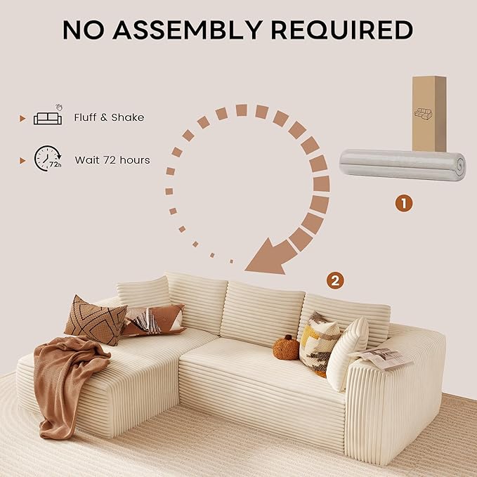 98 Inch Boneless Couches for Living Room Modular Sectional Sofa with Deep Seat Cloud L-Shape Couch 3 Seat with Memory Foam No Assembly Required Beige Left Facing