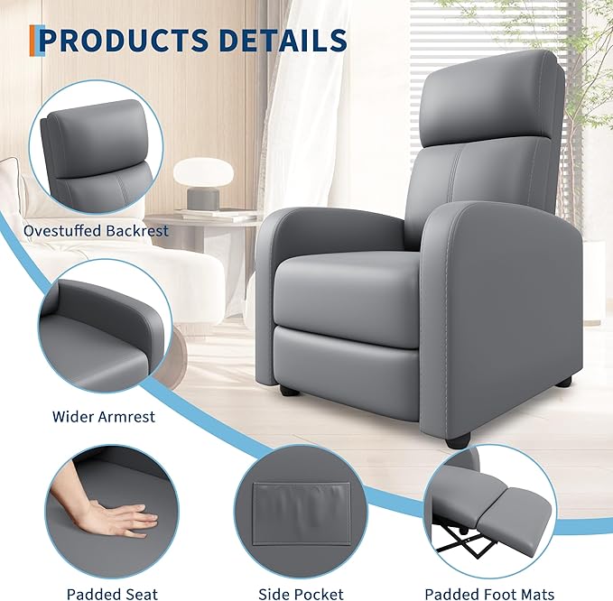 Garvee Recliner Chair for Adults Set of 2 PU Leather Lazy Recliner Ergonomic Adjustable Single Sofa Enhanced with Side Pocket Tall Back Wide Arms &amp Padded Seat Home Theater Seating for Living R