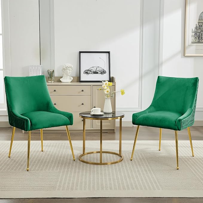 Velvet Dining Chairs Set of 6 Gold LegsUpholstered Velvet Accent Chairs Pleated Back Design &amp Gold Pull Handle Mid Century Modern Chairs for Dining/Kitchen/Living RoomGreen
