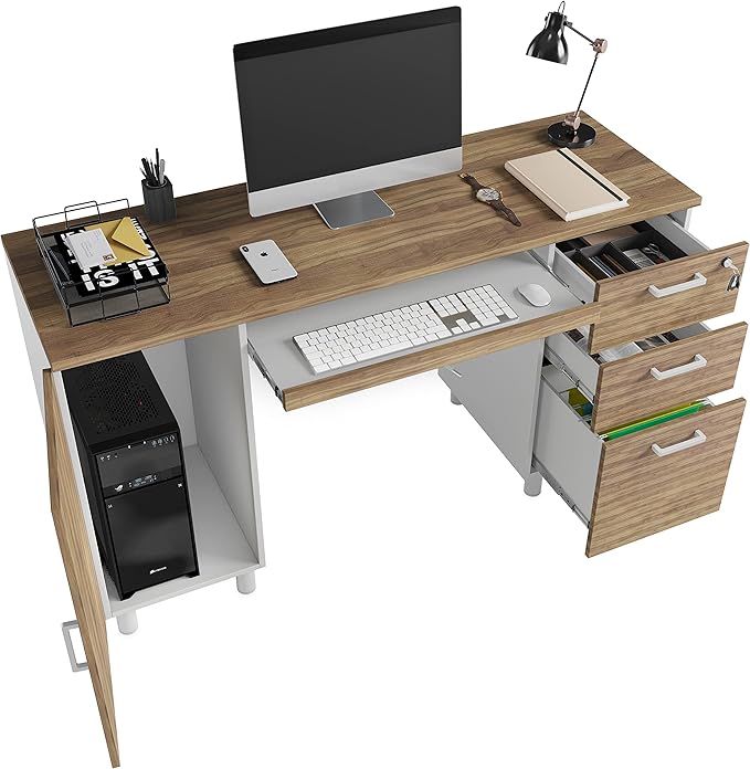Modern Design Venice Computer Office Desk with 3 Locking Drawers and Storage Cabinet 53 Inch Home and Office Executive Walnut and White Desk with Keyboard Tray by Crafts and Comfort