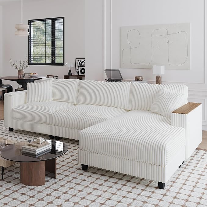 Modular Sectional Sofa 114.5 Convertible L Shaped Couch with Corduroy Fabric 3 Seater Corner Sleeper Sofa with Chaise Storage Armrests &amp 2 Pillows Modern Comfy Upholstered Couches for Living