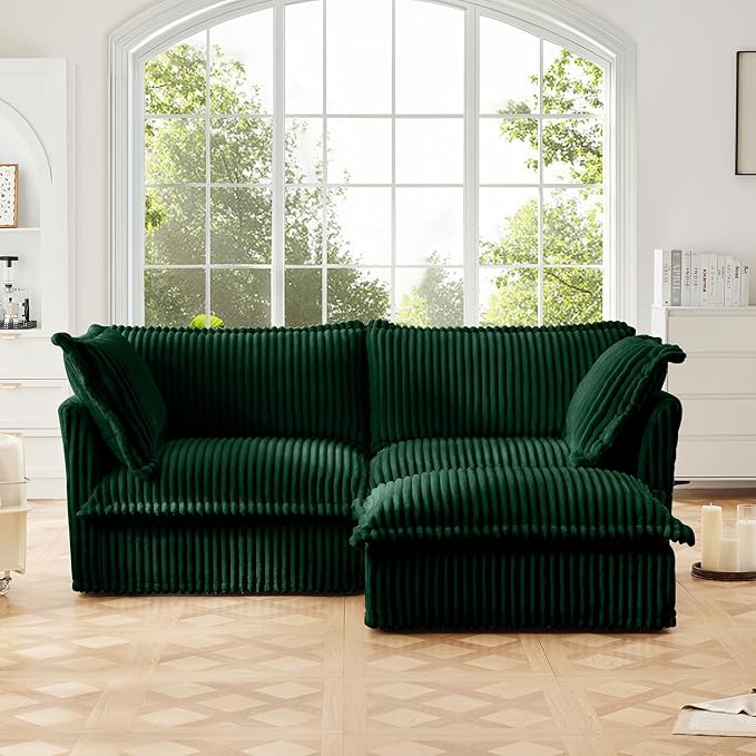 Aoowow Oversized Modular Sectional Sofa with Movable Ottoman83.4” L-Shaped Comfy 2-Seat Sofa Couch Upholstered Deep Seat Couches with Big Toss Pillows for Living Room Apartment OfficeGreen-Corduroy