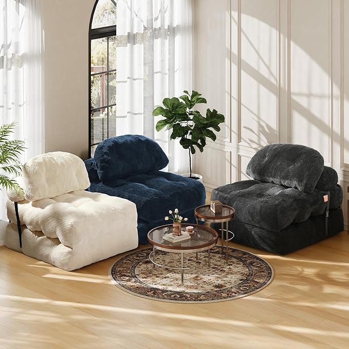 Folding Sofa Bed Convertible Sleeper Chair with Back Support and Pillow FutonBoneless Foldable Couch for Living Room/Guest Use/Home Office Foldable Chair Bed for Adults Navy Blue